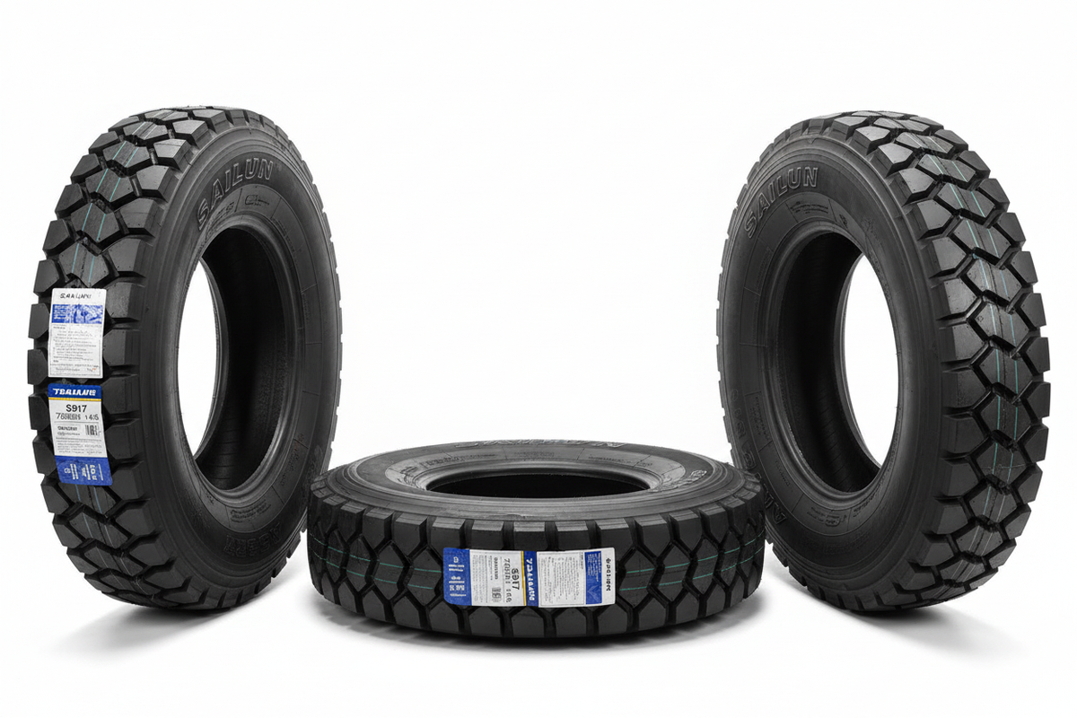 Neumático Sailun S917 750R16 en tres posiciones sobre fondo blanco