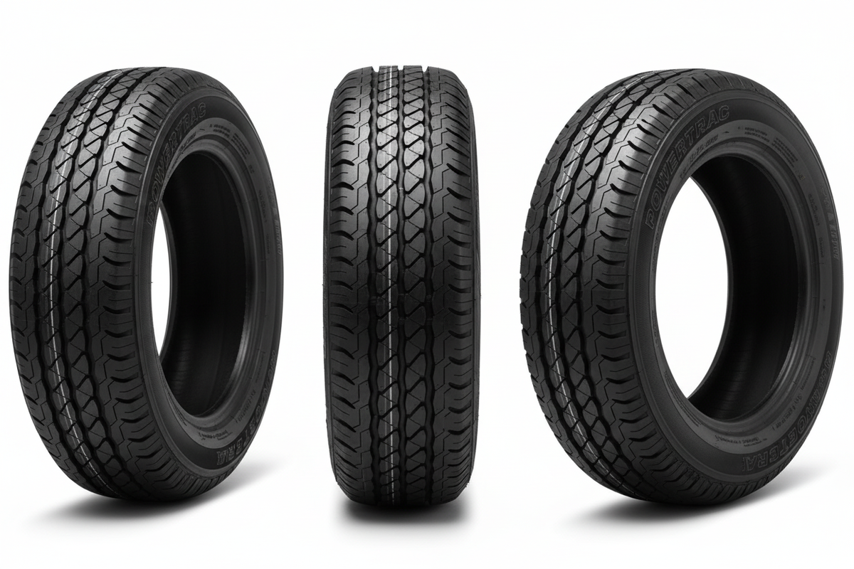 Neumático Powertrac Van Tours 185R14 en tres posiciones sobre fondo blanco