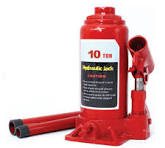 Gato hidráulico rojo tipo botella con etiqueta de 10 toneladas y palanca, referencia 815-76003